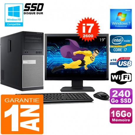 PC Tour DELL 7010 Core I7-2600 Ram 16Go Disque 240 Go SSD Wifi W7 Ecran 19"