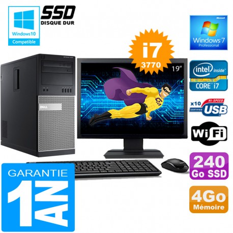 PC Tour DELL 7010 Core I7-3770 Ram 4Go Disque 240 Go SSD Wifi W7 Ecran 19"