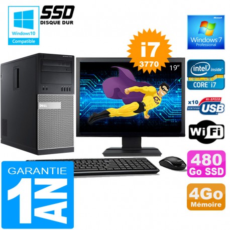 PC Tour DELL 7010 Core I7-3770 Ram 4Go Disque 480 Go SSD Wifi W7 Ecran 19"