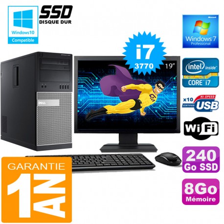 PC Tour DELL 7010 Core I7-3770 Ram 8Go Disque 240 Go SSD Wifi W7 Ecran 19"