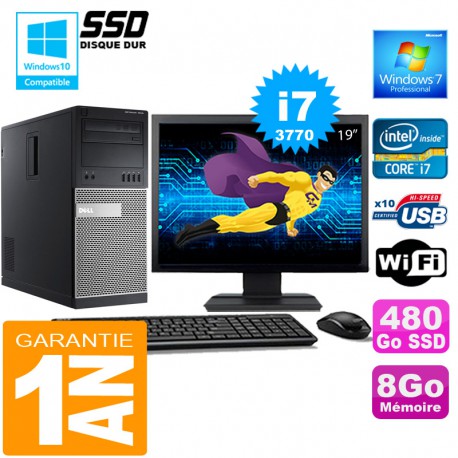 PC Tour DELL 7010 Core I7-3770 Ram 8Go Disque 480 Go SSD Wifi W7 Ecran 19"