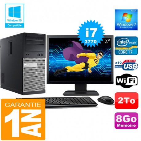 PC Tour DELL 7010 Core I7-3770 Ram 8Go Disque 2 To Wifi W7 Ecran 27"