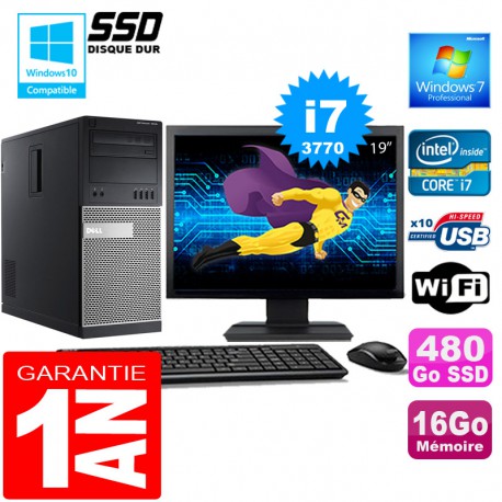 PC Tour DELL 7010 Core I7-3770 Ram 16Go Disque 480 Go SSD Wifi W7 Ecran 19"