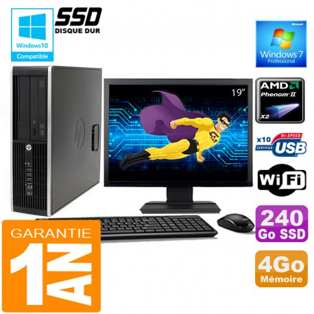 PC HP Compaq 6005 Pro SFF AMD Phenom II Ram 4Go Disque 240 Go SSD Wifi Ecran 19"