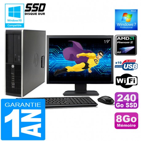 PC HP Compaq 6005 Pro SFF AMD Phenom II Ram 8Go Disque 240 Go SSD Wifi Ecran 19"