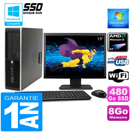 PC HP Compaq 6005 Pro SFF AMD Phenom II Ram 8Go Disque 480 Go SSD Wifi Ecran 19"