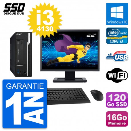 PC Acer X2632G SFF Ecran 22" Intel i3-4130 RAM 16Go SSD 120Go Windows 10 Wifi