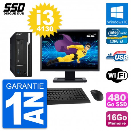 PC Acer X2632G SFF Ecran 22" Intel i3-4130 RAM 16Go SSD 480Go Windows 10 Wifi