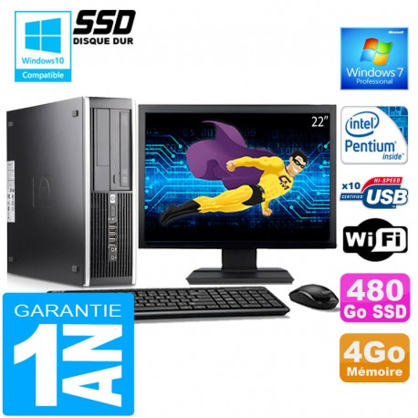 PC HP Compaq 6000 Pro SFF Intel E6300 Ram 4Go Disque 480 Go SSD Wifi Ecran 22"