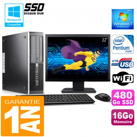 PC HP Compaq 6000 Pro SFF Intel E6300 Ram 16Go Disque 480 Go SSD Wifi Ecran 22"