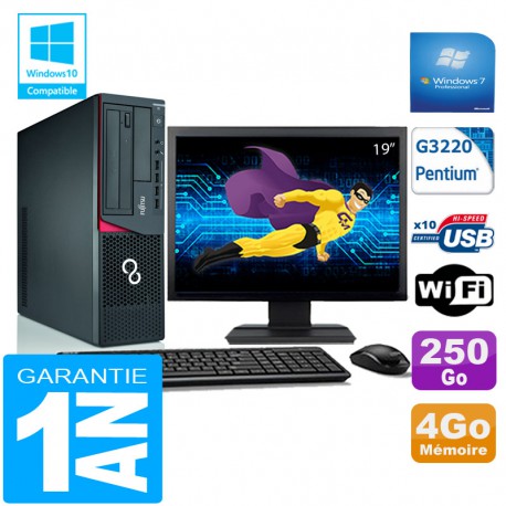 PC Fujitsu Esprimo E720 E85+ SFF G3220 RAM 4Go Disque 500 Go Wifi W7 Ecran 19"