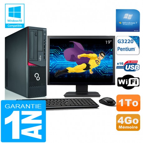 PC Fujitsu Esprimo E720 E85+ SFF G3220 RAM 4Go Disque 1 To Wifi W7 Ecran 19"