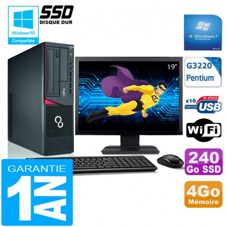 PC Fujitsu Esprimo E720 E85+ SFF G3220 4Go Disque 240 Go SSD Wifi W7 Ecran 19"