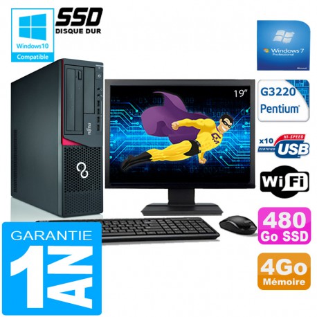 PC Fujitsu Esprimo E720 E85+ SFF G3220 4Go Disque 480 Go SSD Wifi W7 Ecran 19"