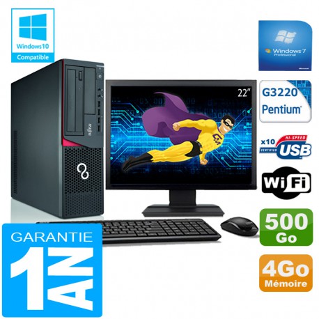 PC Fujitsu Esprimo E720 E85+ SFF G3220 RAM 4Go Disque 500 Go Wifi W7 Ecran 22"