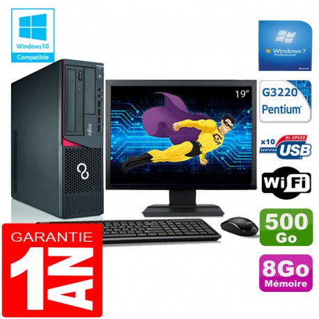 PC Fujitsu Esprimo E720 E85+ SFF G3220 RAM 8Go Disque 500 Go Wifi W7 Ecran 19"