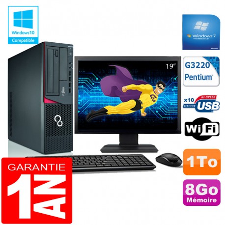 PC Fujitsu Esprimo E720 E85+ SFF G3220 RAM 8Go Disque 1 To Wifi W7 Ecran 19"