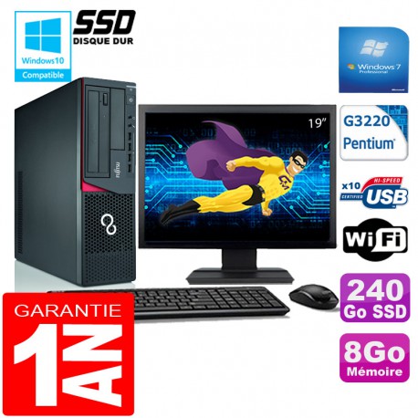 PC Fujitsu Esprimo E720 E85+ SFF G3220 8Go Disque 240 Go SSD Wifi W7 Ecran 19"