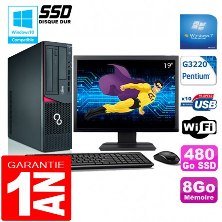 PC Fujitsu Esprimo E720 E85+ SFF G3220 8Go Disque 480 Go SSD Wifi W7 Ecran 19"