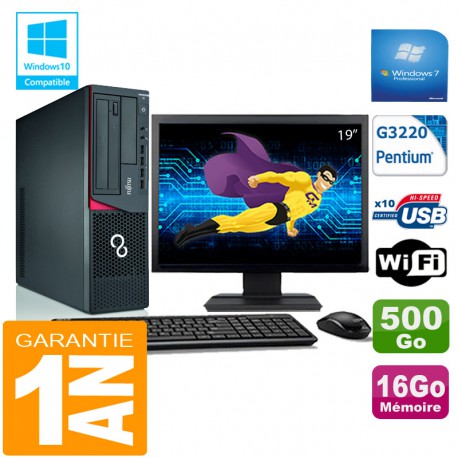 PC Fujitsu Esprimo E720 E85+ SFF G3220 RAM 16Go Disque 500 Go Wifi W7 Ecran 19"