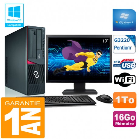 PC Fujitsu Esprimo E720 E85+ SFF G3220 RAM 16Go Disque 1 To Wifi W7 Ecran 19"