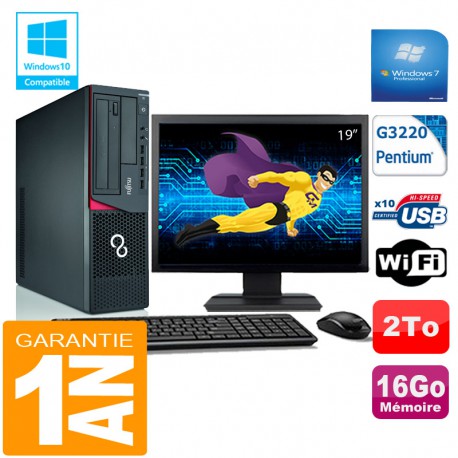 PC Fujitsu Esprimo E720 E85+ SFF G3220 RAM 16Go Disque 2 To Wifi W7 Ecran 19"