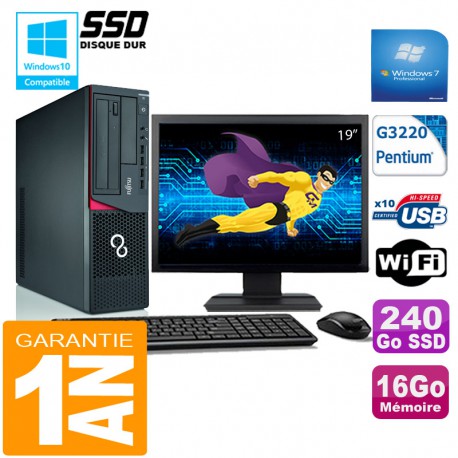 PC Fujitsu Esprimo E720 E85+ SFF G3220 16Go Disque 240 Go SSD Wifi W7 Ecran 19"