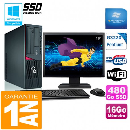 PC Fujitsu Esprimo E720 E85+ SFF G3220 16Go Disque 480 Go SSD Wifi W7 Ecran 19"