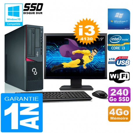 PC Fujitsu Esprimo E720 E85+ SFF G3220 4Go Disque 240 Go SSD Wifi W7 Ecran 19"