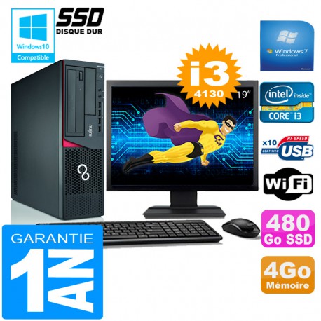 PC Fujitsu Esprimo E720 E85+ SFF G3220 4Go Disque 480 Go SSD Wifi W7 Ecran 19"