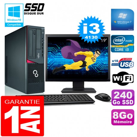 PC Fujitsu Esprimo E720 E85+ SFF I3-4130 8Go Disque 240 Go SSD Wifi W7 Ecran 19"