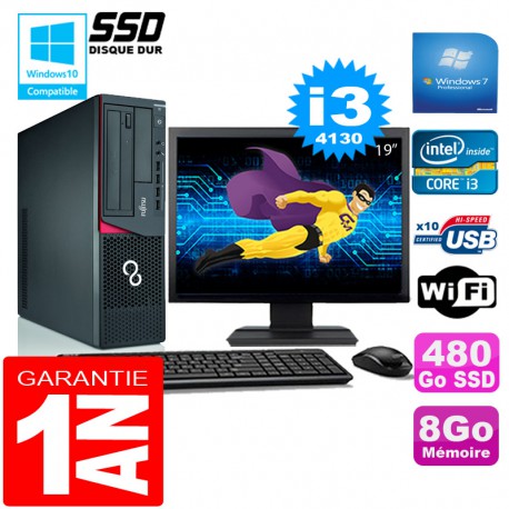 PC Fujitsu Esprimo E720 E85+ SFF I3-4130 8Go Disque 480 Go SSD Wifi W7 Ecran 19"