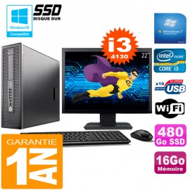 PC HP EliteDesk 800 G1 SFF Core I3-4130 16Go Disque 480 Go SSD Wifi W7 Ecran 22"
