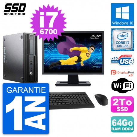 PC HP WorkStation Z240 SFF Ecran 22" i7-6700 RAM 64Go SSD 2To Windows 10 Wifi