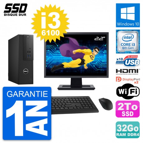 PC Dell T3420 SFF Ecran 22" Core i3-6100 RAM 32Go SSD 2To HDMI Windows 10 Wifi