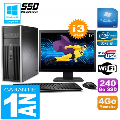 PC Tour HP Compaq 8200 Core I3-2120 Ram 4Go Disque 240Go SSD Wifi W7 Ecran 19"