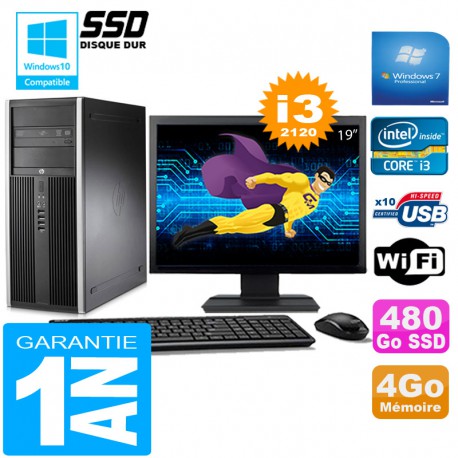 PC Tour HP Compaq 8200 Core I3-2120 Ram 4Go Disque 480Go SSD Wifi W7 Ecran 19"