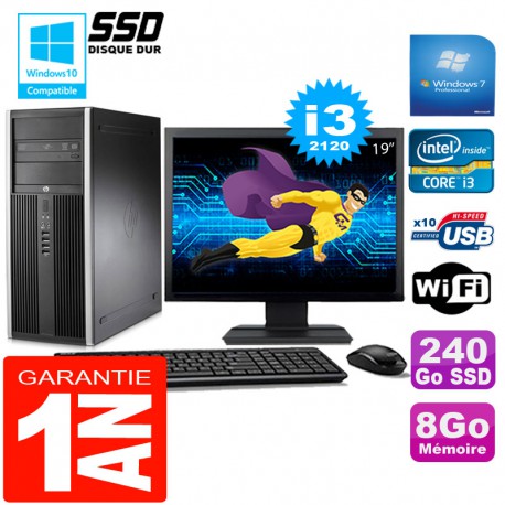 PC Tour HP Compaq 8200 Core I3-2120 Ram 8Go Disque 240Go SSD Wifi W7 Ecran 19"