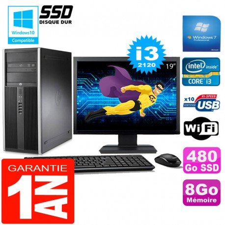 PC Tour HP Compaq 8200 Core I3-2120 Ram 8Go Disque 480Go SSD Wifi W7 Ecran 19"