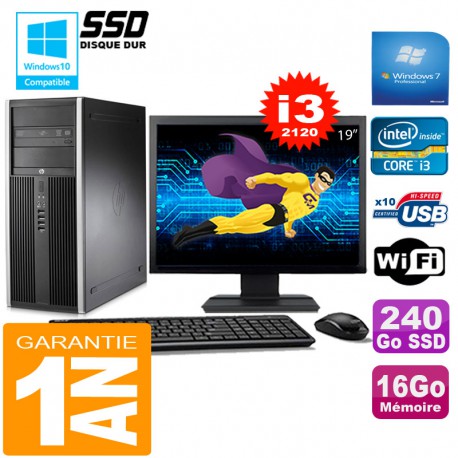 PC Tour HP Compaq 8200 Core I3-2120 Ram 16Go Disque 240Go SSD Wifi W7 Ecran 19"