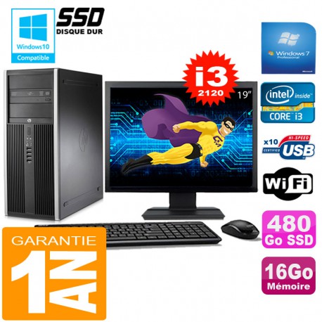 PC Tour HP Compaq 8200 Core I3-2120 Ram 16Go Disque 480Go SSD Wifi W7 Ecran 19"