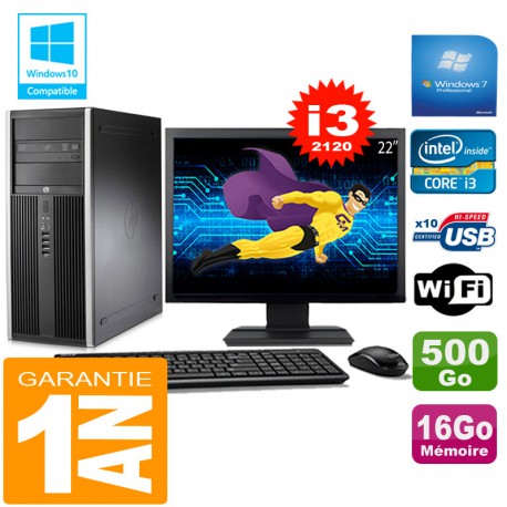 PC Tour HP Compaq 8200 Core I3-2120 Ram 16Go Disque 500 Go Wifi W7 Ecran 22"