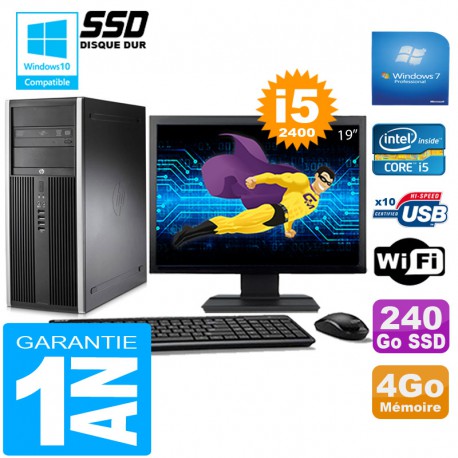 PC Tour HP Compaq 8200 Core I5-2400 Ram 4Go Disque 240Go SSD Wifi W7 Ecran 19"