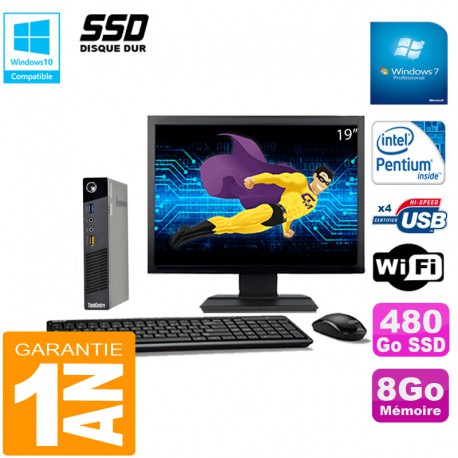 Ultra Mini PC Lenovo M73 USFF Tiny G3250T 8Go Disque 480Go SSD Wifi W7 Ecran 19"