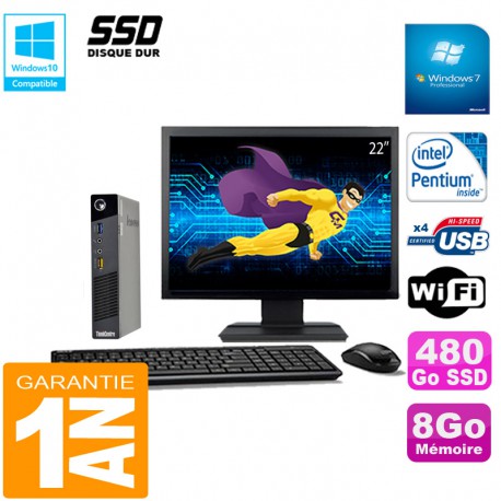 Ultra Mini PC Lenovo M73 USFF Tiny G3250T 8Go Disque 480Go SSD Wifi W7 Ecran 22"