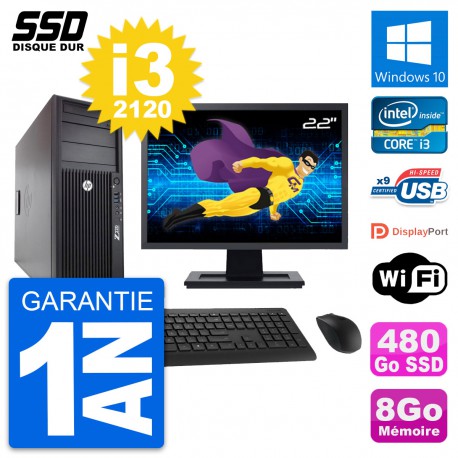 PC Tour HP WorkStation Z220 Ecran 22" i3-3220 RAM 8Go SSD 480Go Windows 10 Wifi