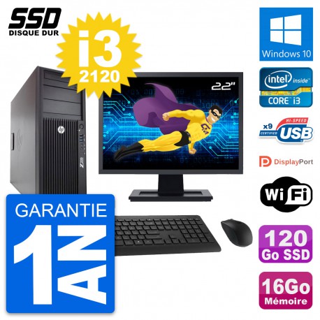 PC Tour HP WorkStation Z220 Ecran 22" i3-3220 RAM 16Go SSD 120Go Windows 10 Wifi