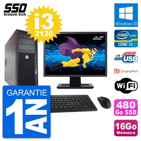 PC Tour HP WorkStation Z220 Ecran 22" i3-3220 RAM 16Go SSD 480Go Windows 10 Wifi