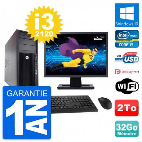 PC Tour HP Z220 Ecran 22" Intel Core i3-3220 RAM 32Go Disque 2To Windows 10 Wifi