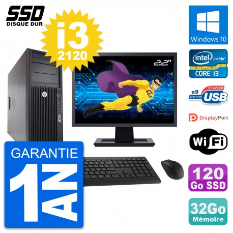 PC Tour HP WorkStation Z220 Ecran 22" i3-3220 RAM 32Go SSD 120Go Windows 10 Wifi